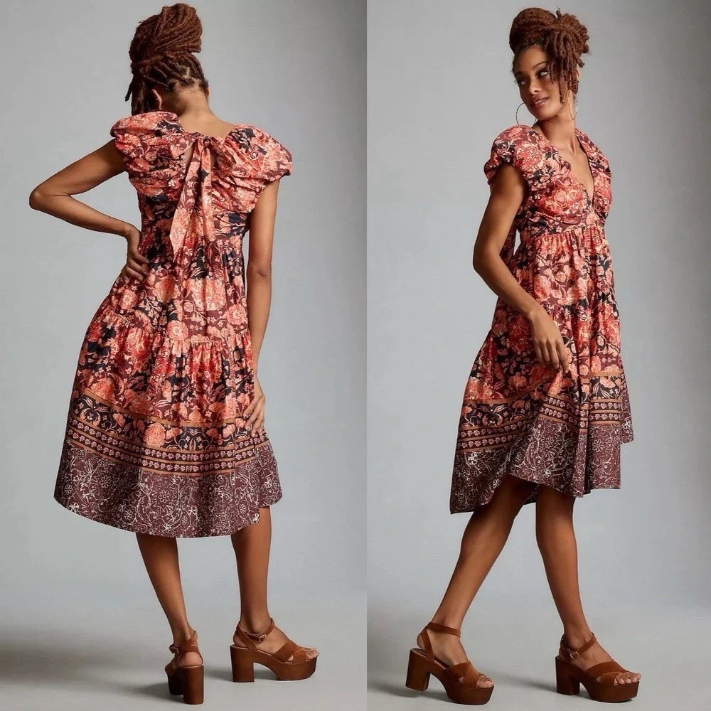 NWT Anthropologie Printed V-Neck Babydoll Dress $170 Red Floral Fall Boho Size 0